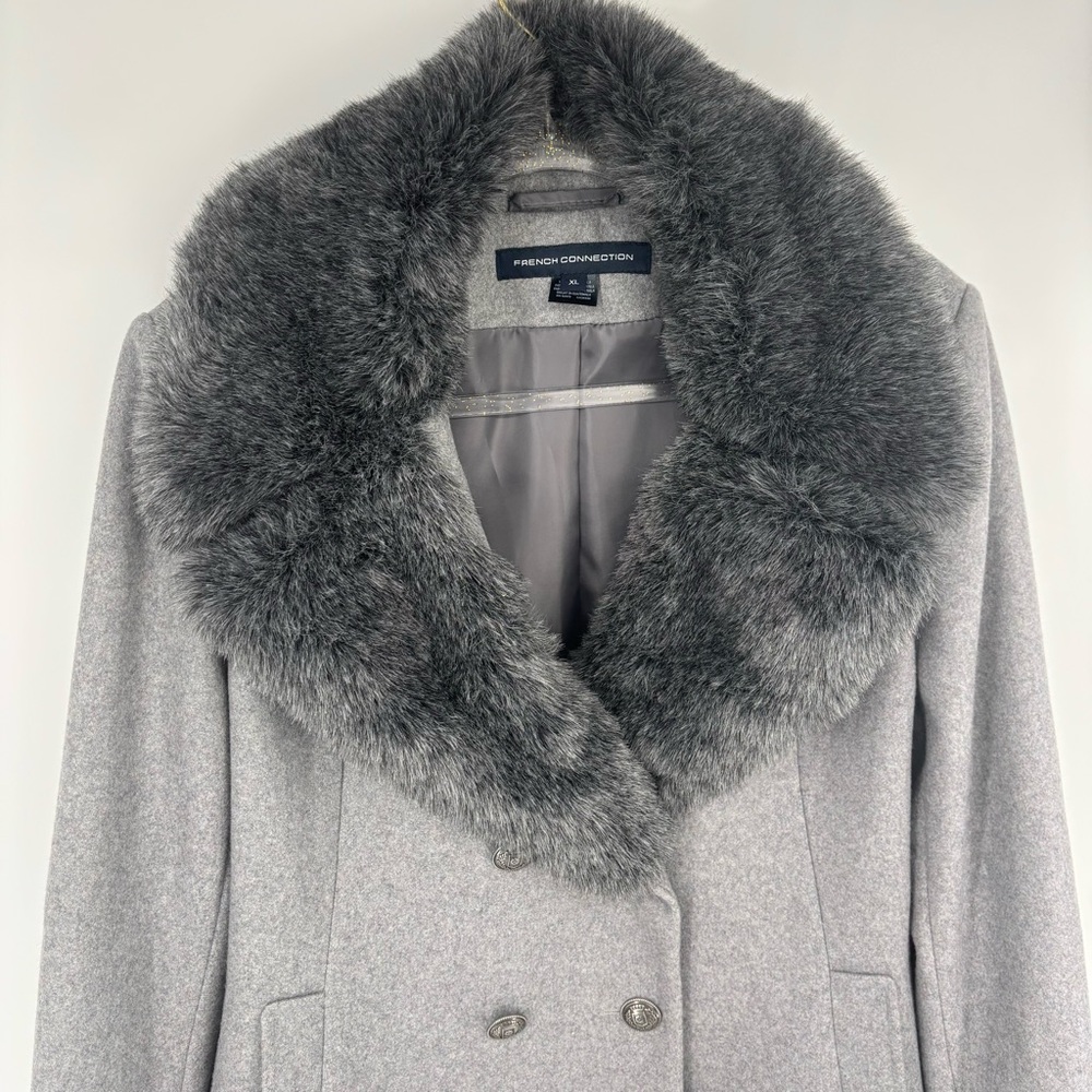 French Connection Faux Fur Collared Double-Breasted‎ Wool Blend Pea Coat Size XL - Picture 3 of 14